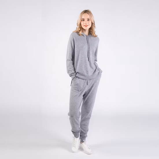 Mulheres Luxe Cashmere Leisure Joggers Pant e suéter com capuz de caxemira